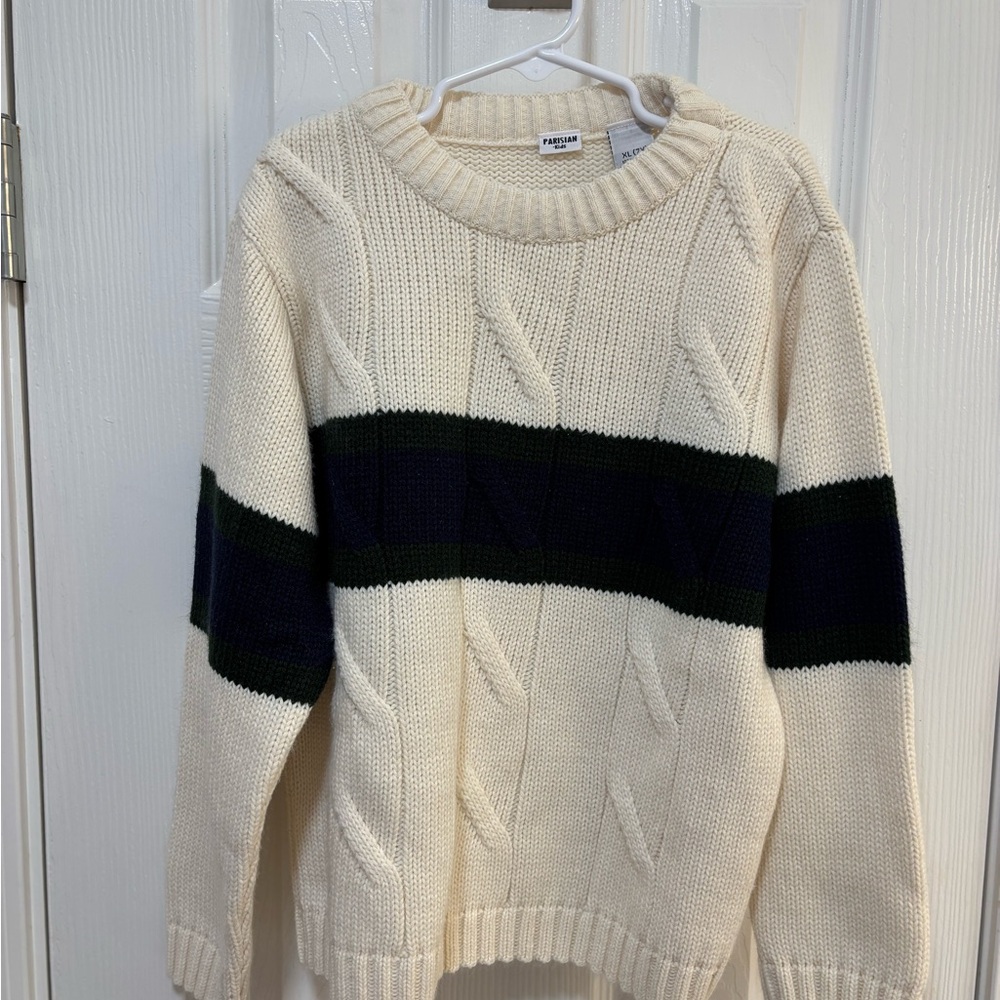 Parisian Boy’s White Knit Sweater with Green & Navy Stripe